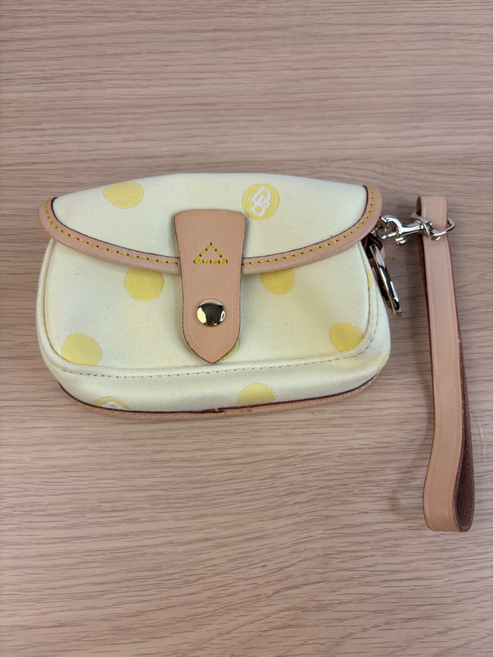 Dooney & Bourke Yellow Polka Dot Logo Canvas Wristlet Like New!